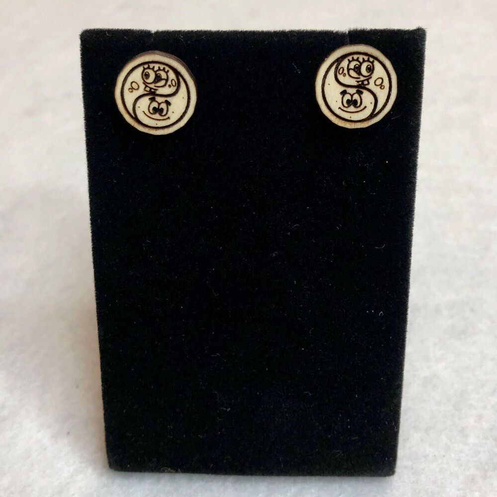 Spongebob and Patrick Yin Yang Wood Stud Earrings